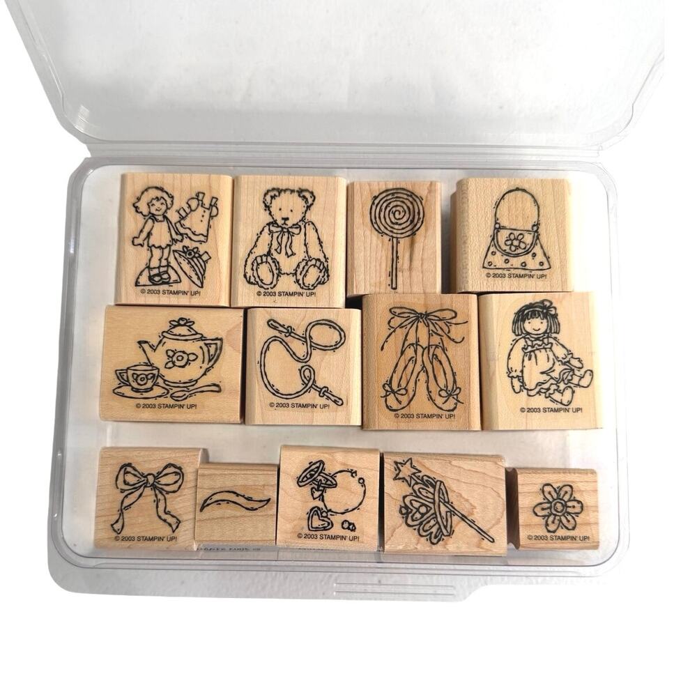 Stampin’ up set of 13 wooden rubber stamps Please”button, bows and twinkle toes”